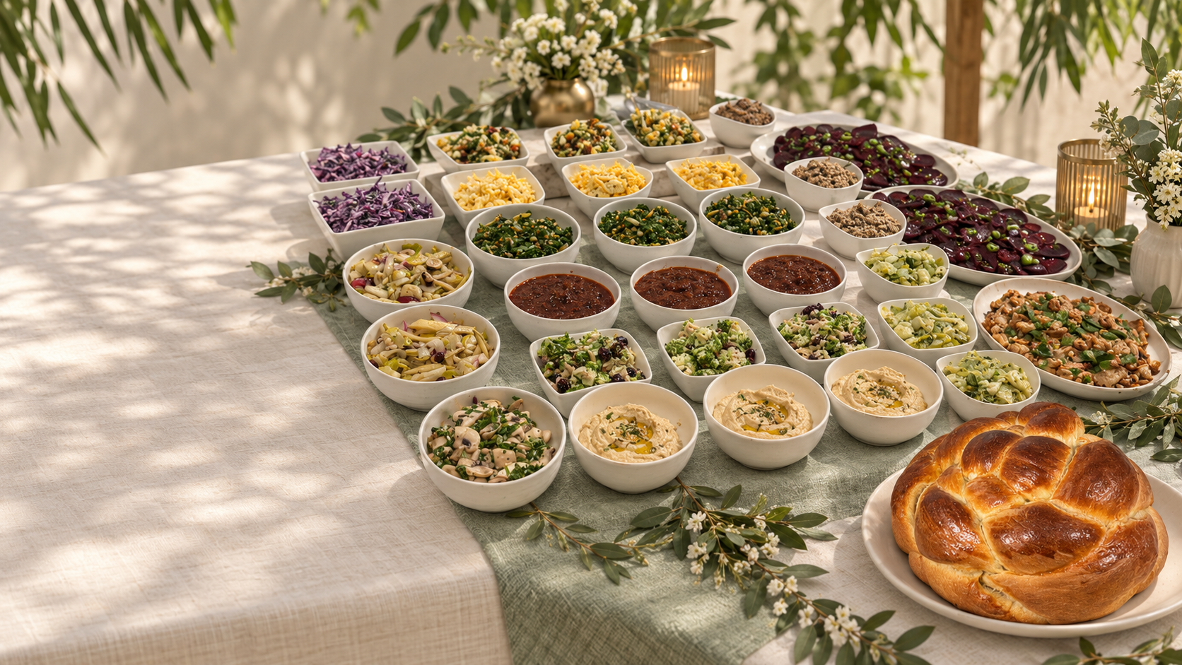 Maison Dvora Sukkot table with colorful salatim and a round challah