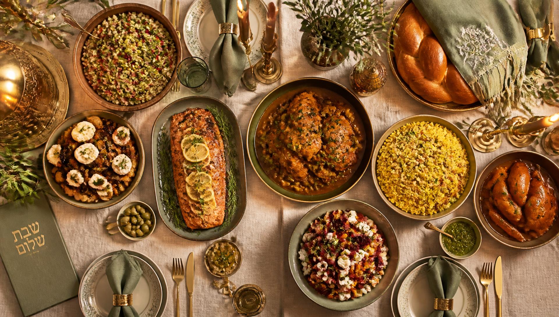 A Shabbat table laid with salmon, salatim, roasted vegetables and challah